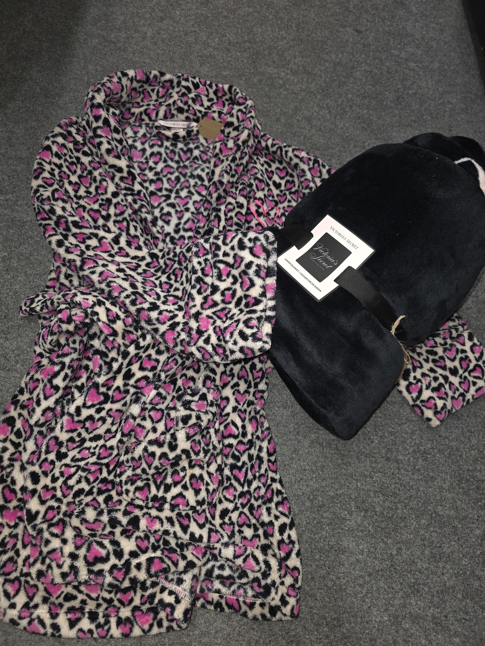 Victoria's Secret Pink and Black Leopard Plush Robe/Blanket Bundle